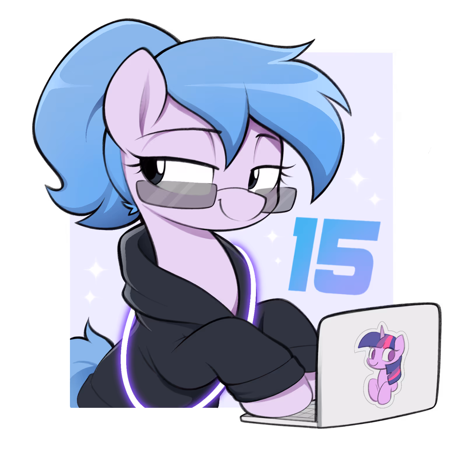Illustrated 15 avatar wearing glasses and a hoodie while using a laptop